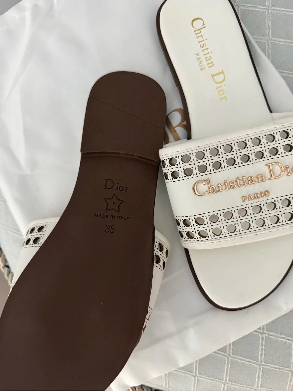 D White Leather Perforated Slide Sandals with Gold Logo